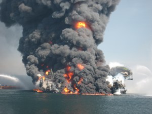 Deepwater Horizon oil platform on fire before sinking